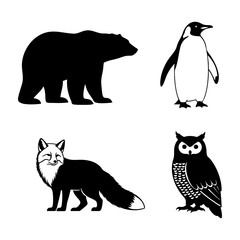 Winter Animal Silhouettes Polar Bear Penguin Fox Owl Set
