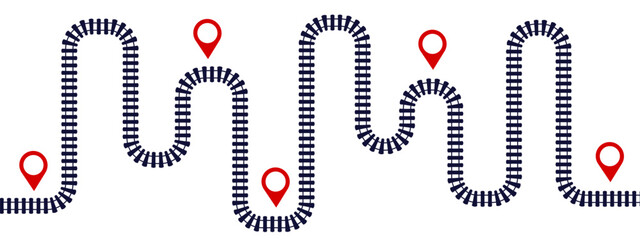 Railway journey infographic template. Vector winding train tracks with station pins, symbolizing route mapping, travel timeline, and transportation navigation concept.