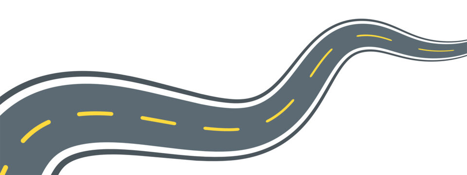 Curved highway flat line illustration. Vector outline pictogram of a winding asphalt road with yellow dashed lane markings and white borders, symbolizing aerial view of travel route and journey path.