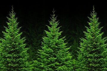 Green Fir Trees in Forest with Dark Background for Holiday Themes