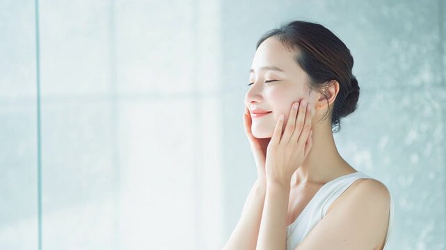 A Japanese woman. A beauty image of moisturized skin. Morning face washing scene.（LP_001）