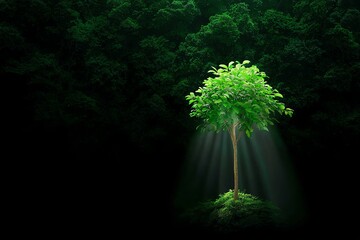 Lone Green Tree Growing in a Dark Forest with Sunlight Rays