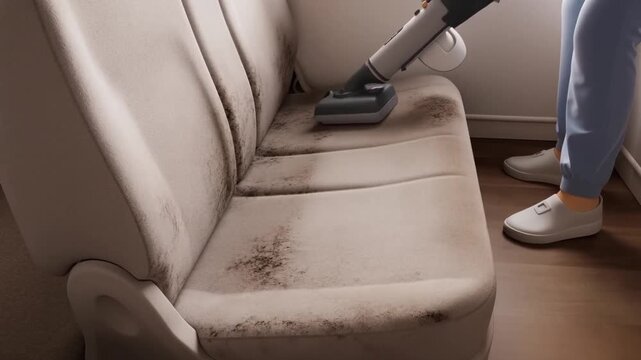 A person cleaning a dirty, old seat with a vacuum cleaner. The scene shows the contrast between the clean and dirty areas, highlighting the effectiveness of the cleaning Stock Video