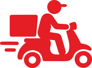 A red icon depicting a person riding a scooter with a delivery box on the back, symbolizing fast delivery services.