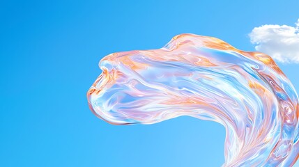 Abstract Glass Wave Flowing Against Bright Blue Sky with Cloud