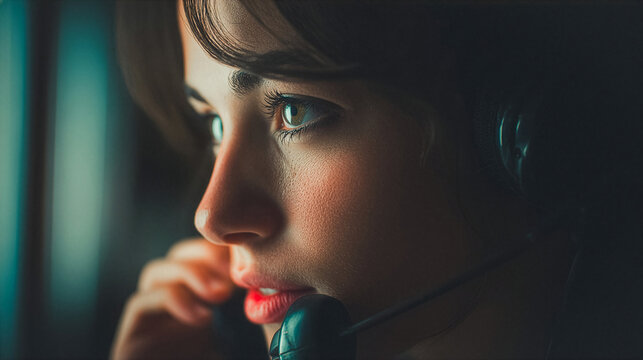 Close-up of call center woman wearing headset.