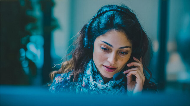 Close-up of call center woman wearing headset.