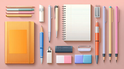 “Flat cartoon vector illustrations of pens, pencils, notebooks, and other creative and organizational tools.”


