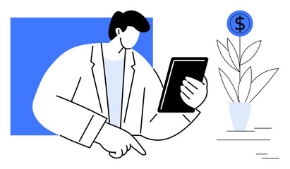 Professional reviewing data on a tablet, pointing at growth, with a plant symbolizing financial growth. Ideal for business, investment, strategy, innovation, financial planning, technology simple