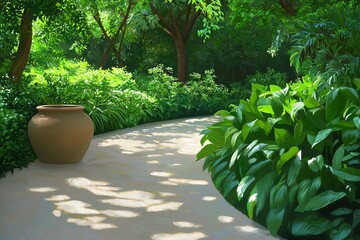 Walking Path Through a Lush Green Garden with Plants and Trees