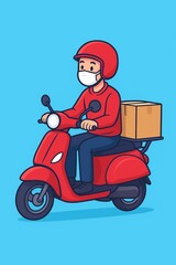 A delivery person wearing a mask rides a red scooter with a package on the back.