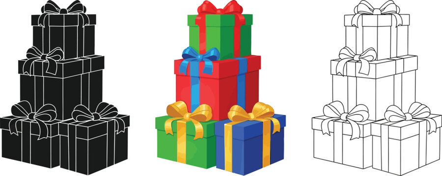 Three stacks of gift boxes in different styles, including a black stack, a colorful stack, and a outline stack