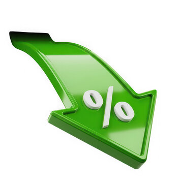 Shiny green 3d arrow pointing down with percentage symbol isolated on transparent background