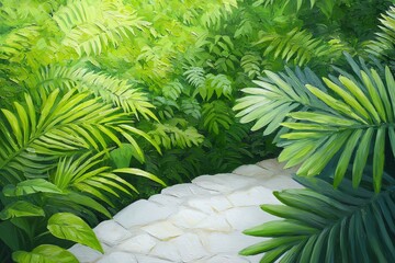 Walking Stone Path Through Tropical Green Forest with Vibrant Leaves