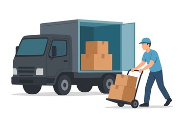 A delivery person is loading boxes onto a truck using a hand truck.