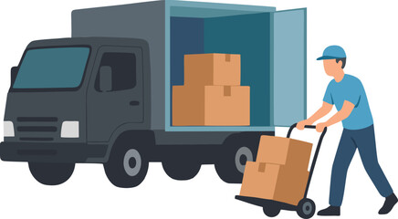 A delivery person is loading boxes onto a truck using a hand truck.