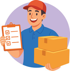 A smiling delivery man in a red cap and blue shirt holds a clipboard with a checklist and two cardboard boxes.