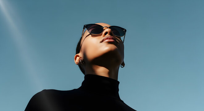 Fashionable young woman in chic sunglasses and a black turtleneck confidently gazing up at the radiant blue sky under bright sunlight, embodying modern style and serene aspiration