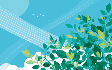 A vibrant vector illustration captures the essence of a fresh, sunny day with lush green foliage reaching towards a clear blue sky.