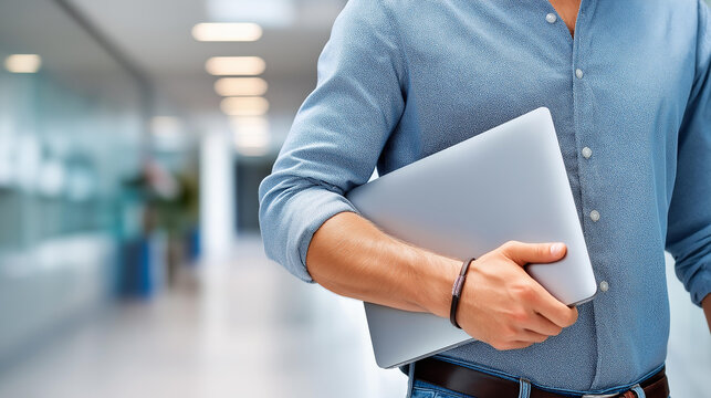 A nervous employee clutching laptop, corporate realism + soft editorial styling, blurred office corridor and space for text.