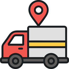 A red truck with a red location pin on top, symbolizing delivery or transport services.