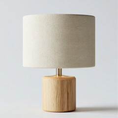 scandinavian table lamp, natural oak wood base, fabric lampshade, warm LED light, clean product photo, pure white background, isolated, minimal design