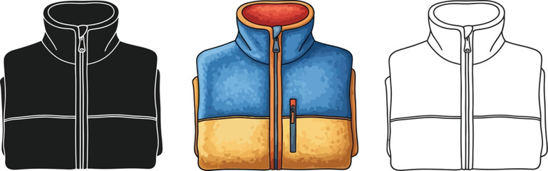 Winter jacket in three styles color, silhouette, and outline warm outerwear for cold weather