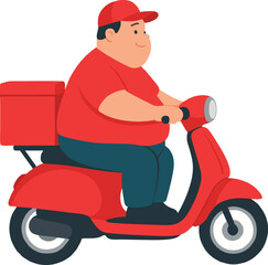 A cartoon illustration of a plump delivery man riding a red scooter with a red delivery box on the back.