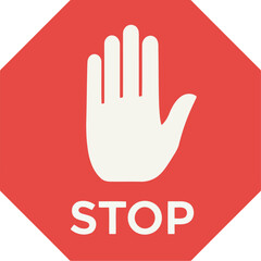 Red Octagonal Stop Sign with White Hand and Text palm open on transparent background