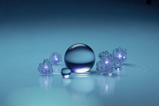 Intriguing arrangement of glass spheres and clusters creates a modern, abstract scene ideal for science, technology, or wellness branding with a calming blue hue
