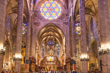 Interior in the Palma cathedral with the famous rose window