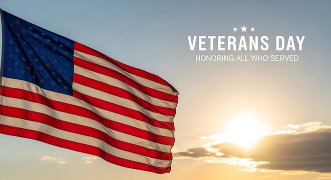 American flag waving against a sunset sky honoring veterans day - Powered by Adobe