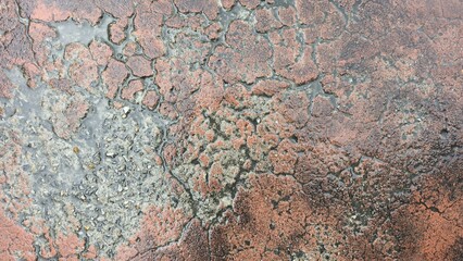 Old red painted concrete floor with deep cracks revealing a coarse gray underlayer. Wet surface with water stains gives a rough, distressed, and aged texture.