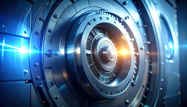Fort Knox Vault Door: A meticulously crafted steel vault door with a complex locking mechanism, symbolic of security, wealth, and the protection of valuable assets. 