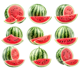 Set of fresh and juicy watermelon and slices isolated on white transparent background