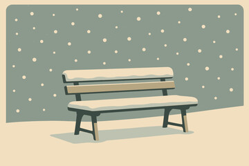 Snowy Park Bench. minimalist flat illustration of a park bench covered in fresh snow, snowflakes suspended mid