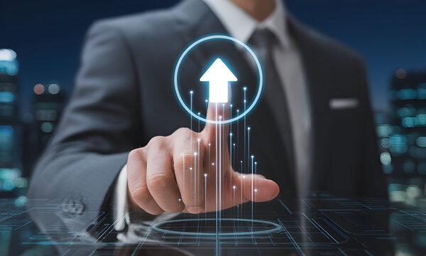 Confident businessman in dark suit touches glowing upward arrow icon symbolizing success and growth in futuristic digital interface overlooking city skyline at night
