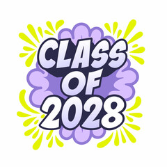Class of 2028 with purple cloud and yellow bursts graduation
