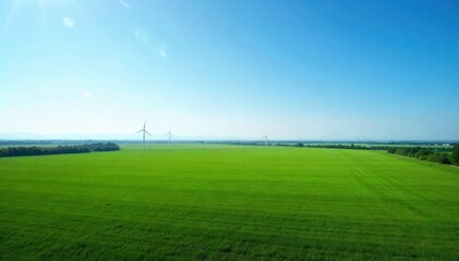 Renewable energy powering a vibrant, untamed natural landscape, showcasing a future free from carbon emissions. A vast, untouched natural landscape with rolling green hills and a clear blue sky. In