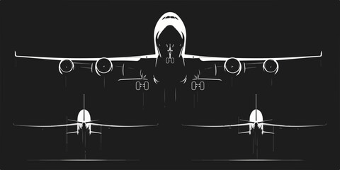 A detailed vector illustration showcasing a commercial passenger airplane in various technical views against a dark background, perfect for aviation concepts.