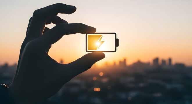 Person's hand holding a glowing battery icon at sunset, symbolizing energy, power, and charging for technology or business concepts