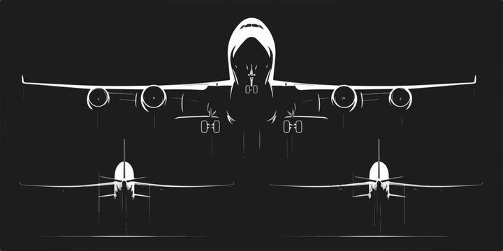 A detailed vector illustration showcasing a commercial passenger airplane in various technical views against a dark background, perfect for aviation concepts.