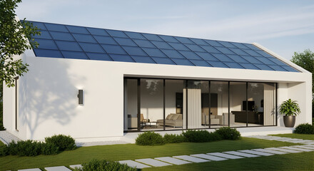 Fototapeta premium Modern eco-friendly home with solar panel roof, green landscaping, and large windows offers sustainable living and a contemporary design for a healthy lifestyle