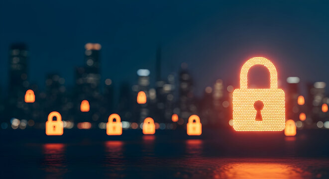 Glowing security lock symbols protect cityscape skyline at night, representing data protection, cybersecurity, and secure digital infrastructure for business - Powered by Adobe
