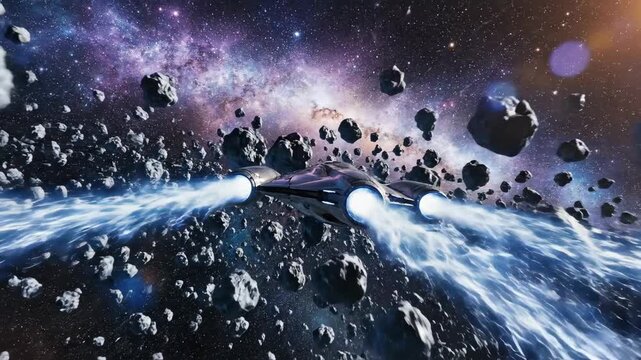 Cosmic voyage through asteroid field digital animation