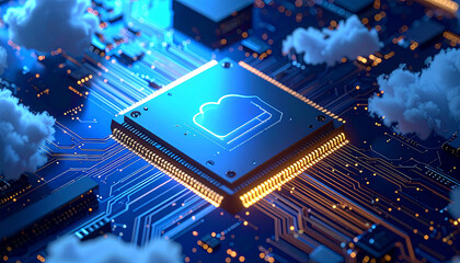 Digital Cloud: A close-up view of a central processing unit (CPU) adorned with a glowing cloud icon, symbolizing digital cloud technology and its potential in the digital realm.