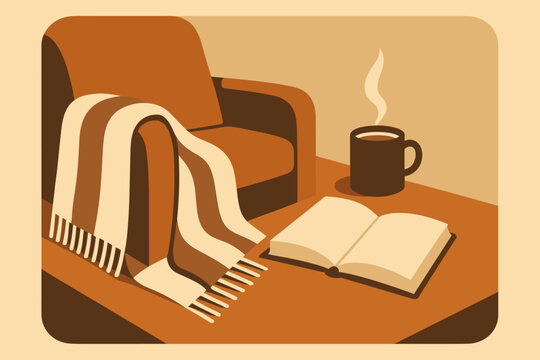 Cozy Reading Corner. minimalist flat illustration of a cozy reading corner with a blanket, book, and mug of