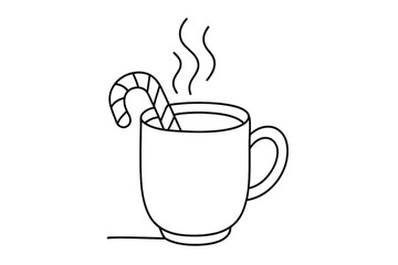 Minimalist Cocoa Drawing. Cozy Mug. Minimalistic one-line drawing steaming cocoa in cup with striped candy
