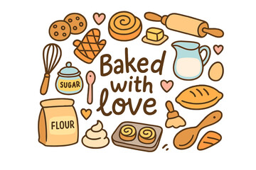 Baked with Love. Baked with love. Hand-drawn doodle illustration of baked with love. Cinnamon rolls, cookies,