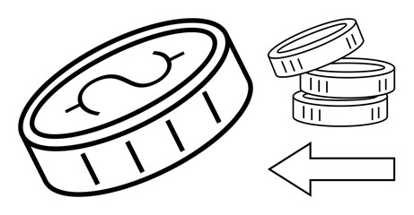 Coins with arrow signifying money flow, savings, income, investment. Ideal for finance, budget, growth, trade economy business strategy themes. Simple flat metaphor
